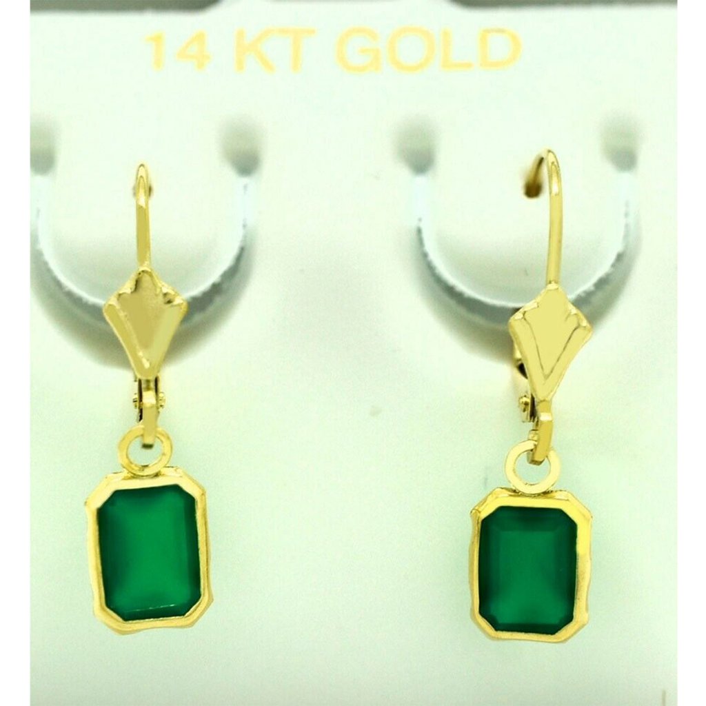 Genuine 1.86 Cts Green Onyx Dangling Earrings 14k Gold
